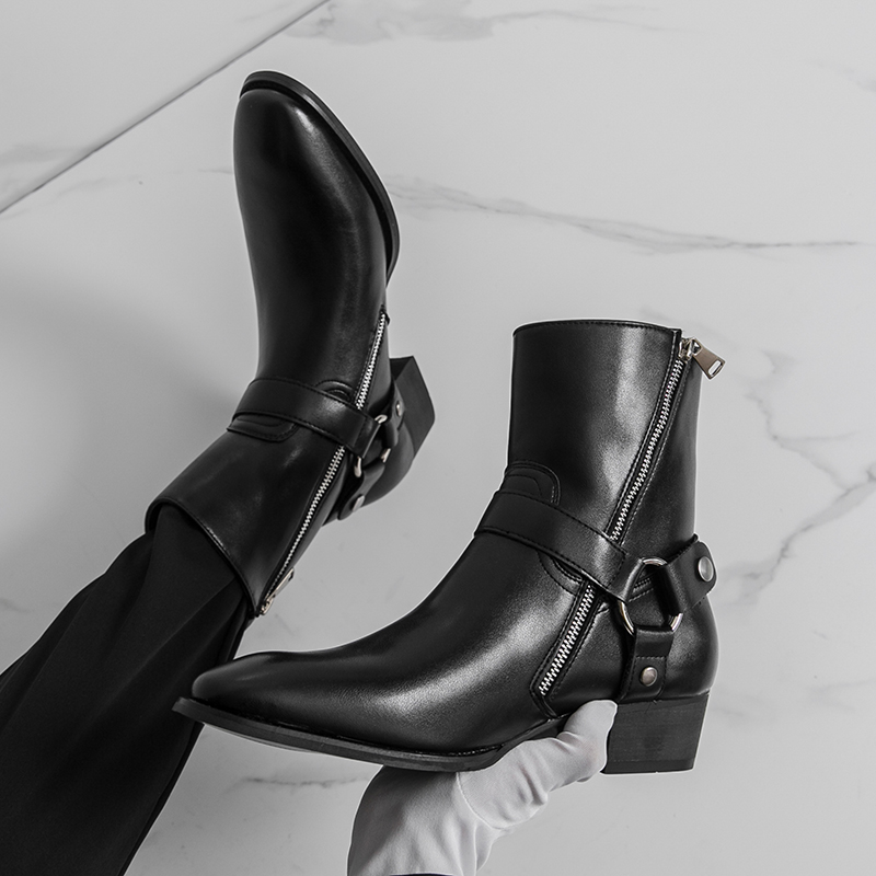 Botas de vaquero transpirables para hombre, zapatos clásicos negros cómodos con cremallera lateral, puntiagudos, de cuero, para exteriores, marca de moda de otoño