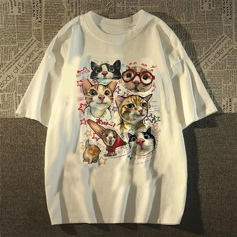 Americano retro diversão dos desenhos animados gato impressão de manga curta camiseta feminina verão solto topo camiseta gráfica roupas femininas y2k