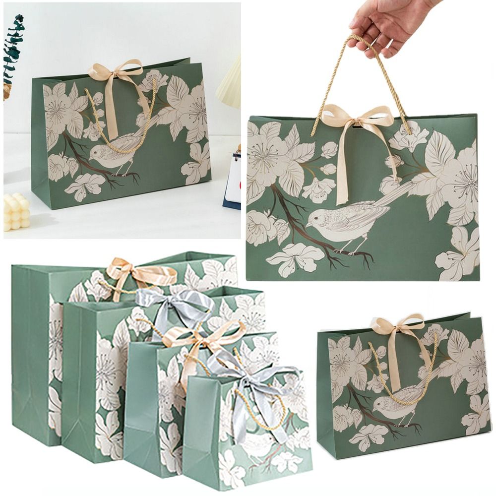 Bolsa de papel verde de lujo con estampado Floral, bolsa de compras de alta calidad con cinta, creativa