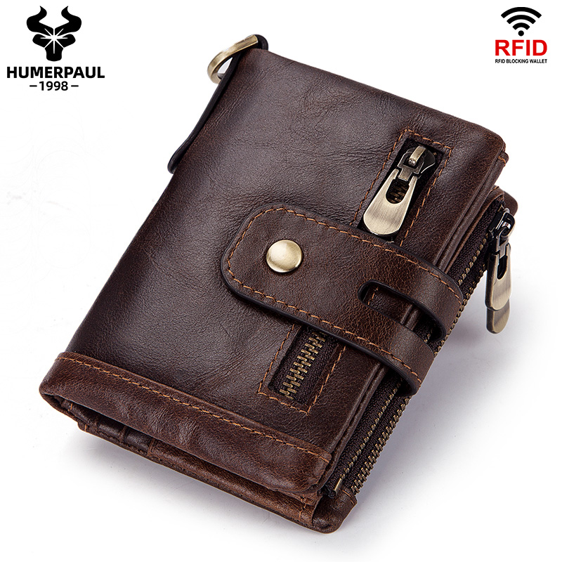 HUMERPAUL portefeuille en cuir véritable avec peau de vache pour hommes porte-monnaie porte-carte courte Double fermeture éclair mâle à deux volets poche pour monnaie RFID