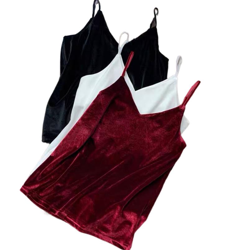 Vintage Women Velvet Tops Sexy Elegant Spaghetti Strap Tops Elastic Summer Camisole Solid V-Neck Casual Tops Female Clothing