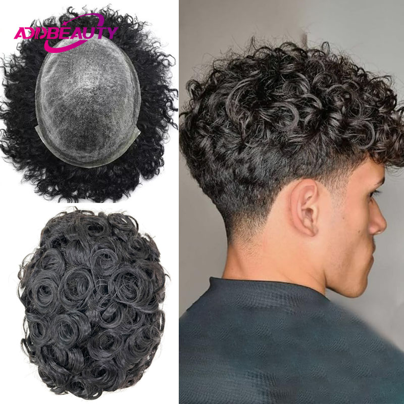 Iskin masculino peruca de cabelo humano encaracolado pele fina pu prótese capilar com nós indiano remy sistema de cabelo unidade perucas naturais