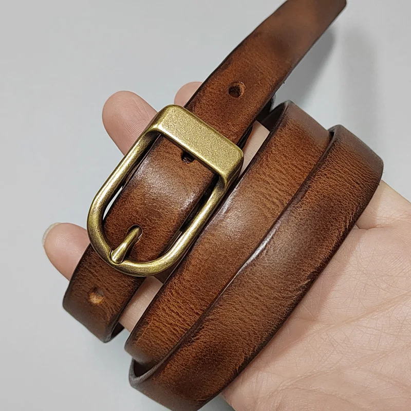 1.8 ซม./2.3 ซม.Retro Cowhide เข็มขัดผู้หญิงทองแดงบริสุทธิ์ปุ่ม Cowhide All-Match Casual กางเกงยีนส์เข็มขัด