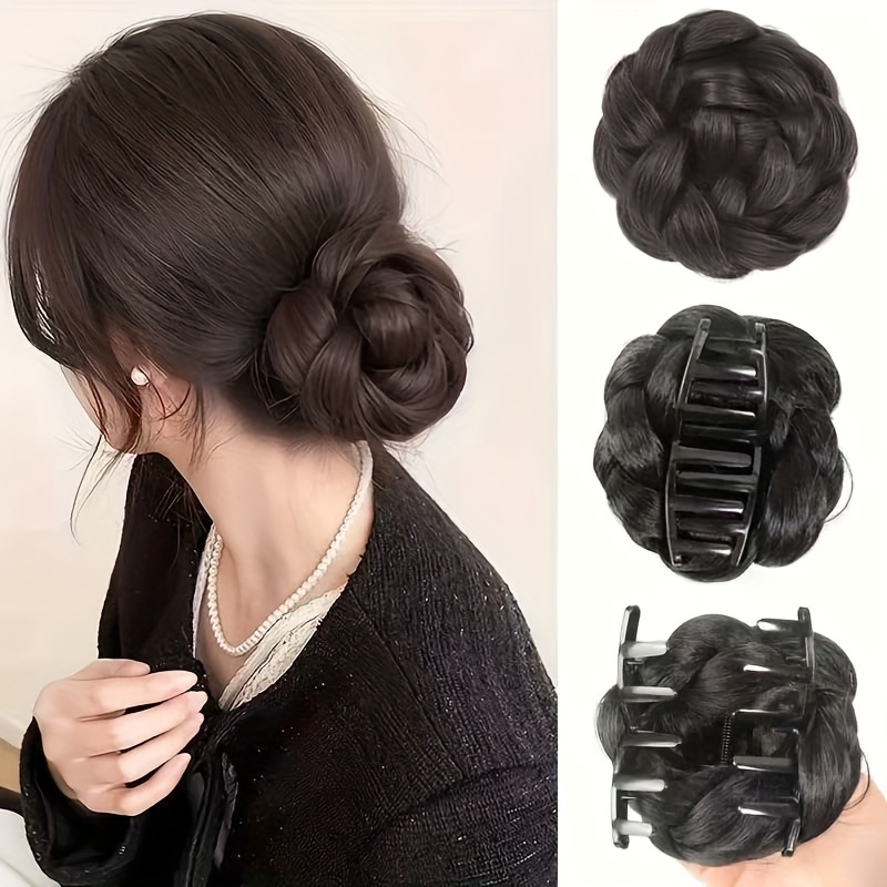Clip de agarre sintético de 4 pulgadas, trenza de pelo perezoso, peluca de moño trenzado, cabeza de albóndiga de lazo bajo para mujer, accesorios para el cabello de moño resistentes al calor