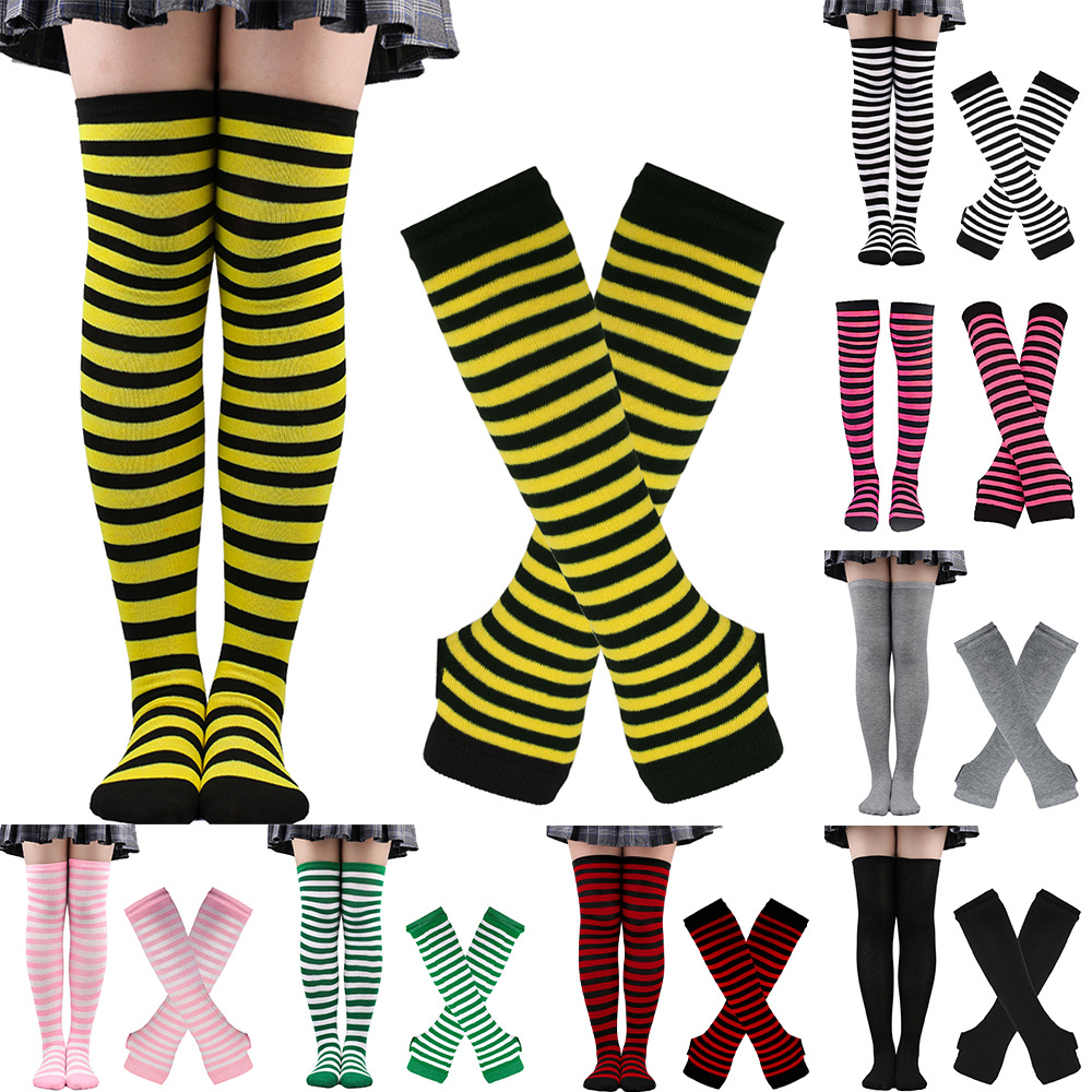 1 ensemble femmes filles sur le genou longue rayure imprimé cuisse haute coton chaussettes bras manches gants doux mignon grande taille chaussettes au dessus du genou