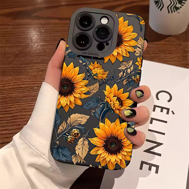 Handyhülle mit Sonnenblumenmuster für iPhone 17, 11, 12, 13, 14, 15, 16 Pro Max, 7, 8 Plus 17, luftstoßfest, matt, weiche Silikon-Stoßstangenabdeckung