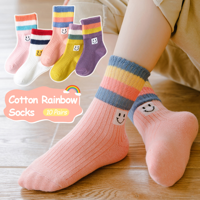 Chaussettes mi-tube en polyester pour filles, chaussettes arc-en-ciel haut de gamme, ne se décolore pas, ne bouloche pas, accessoires pour enfants, 1-16 ans, 5 paires