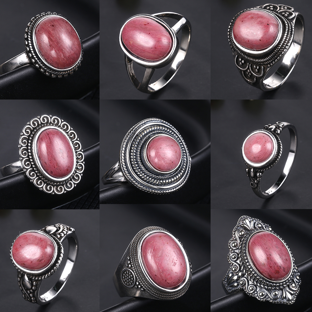 Natürliche Rhodochrosit Ringe Damen S925 Silber Schmuck Ring Geschenke Vintage Feiner Ehering