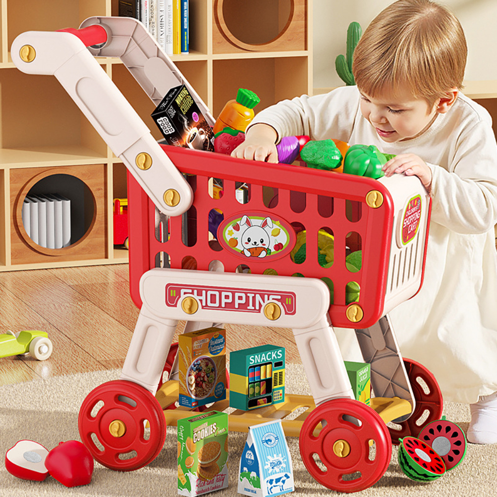 WizKidz Wózek na zakupy dla dzieci Wózek do supermarketu z zabawkami Akcesoria do jedzenia Udawaj, że bawisz się w gry kuchenne dla małych dzieci w wieku od 3 lat