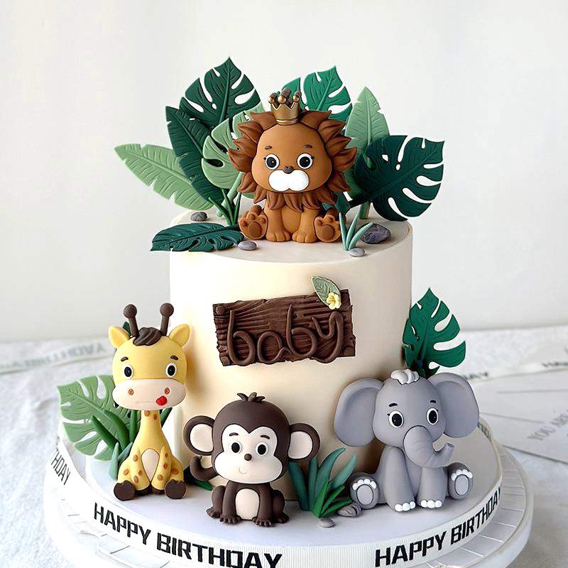 Floresta animal selvagem bolo topper girafa elefante macaco leão bolo boneca presente ornamentos safari selva festa de aniversário bolo criança favor