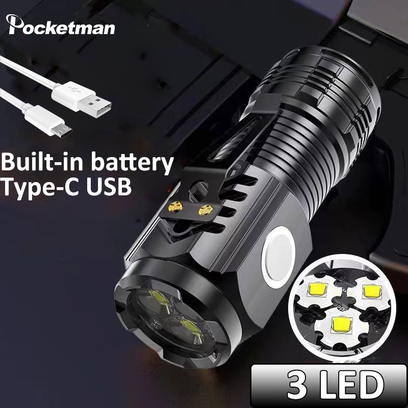 Mini Flashlight High Lumen 3 LED Emergency Light 5 Modes USB Rechargeable Flashlights Pocket Small Torch with Clip