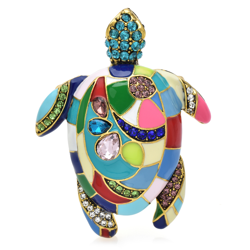 Wuli & baby vintage tartaruga broches feminino masculino multicolorido strass esmalte natação tartaruga festa escritório broche presentes