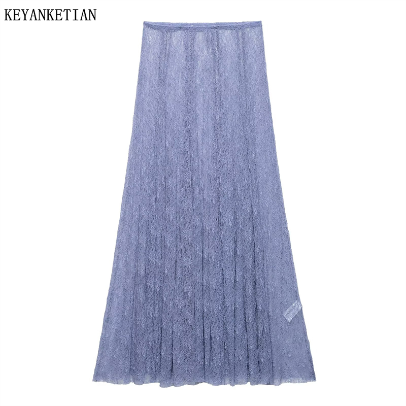 KEANKETIAN2025 NOVEDAD DE VERANO falda MIDI de encaje transparente para mujer vacaciones viento cintura elástica delgada suave una línea falda hasta el tobillo