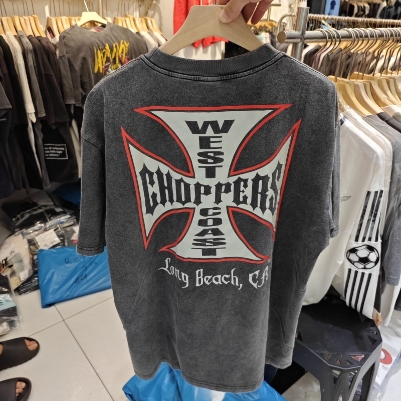 Verão vintage costa oeste choppers impresso lavagem camiseta feminina algodão respirável retro estilo motociclista solto ajuste casual streetwear