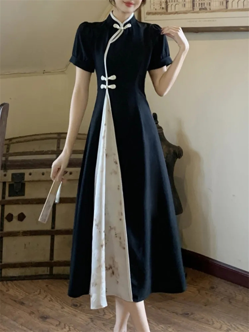 Damska nowa spódnica Qipao w stylu chińskim Retro i ulepszona Spódnica Qipao Kobiety 2024 Lato Gruby mm Orientalny tusz Rozdrobniona sukienka w kwiaty dojeżdżająca do pracy