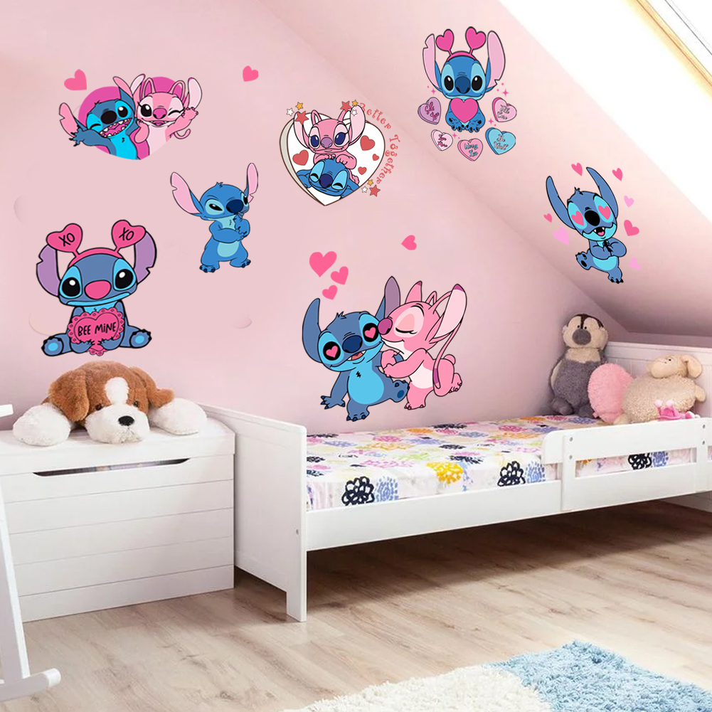 Pegatinas de pared de arcoíris de Lilo & Stitch de dibujos animados para habitación de niños, guardería, sala de estar, decoración de pared del dormitorio, póster animado