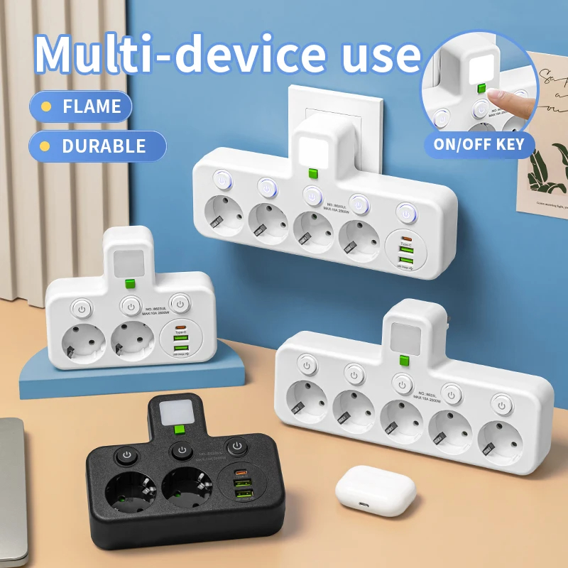Enchufe europeo, 5 enchufes, toma de corriente sin cable de extensión con o sin puertos USB tipo C, dos especificaciones