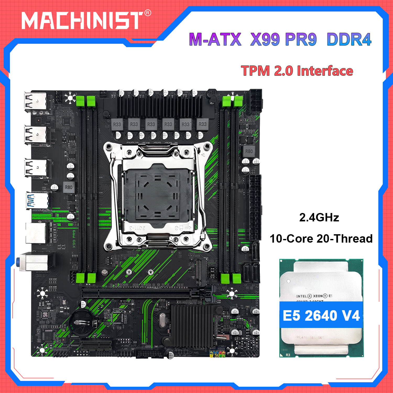 MACHINIST X99 PR9 Motherboard LGA 2011-3 Xeon E5 2640 V4 / E5 2620 V4 CPU-Kit-Set Unterstützt TPM2.0 DDR4 RAM SATA/NVME M.2 Slot