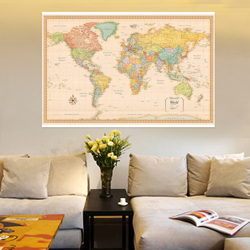 World Map Classic Edition Vinyl Spray Wall Decor Hanging Picture Poster Prints Backdrop for School Home Office Supplies 120x80cm