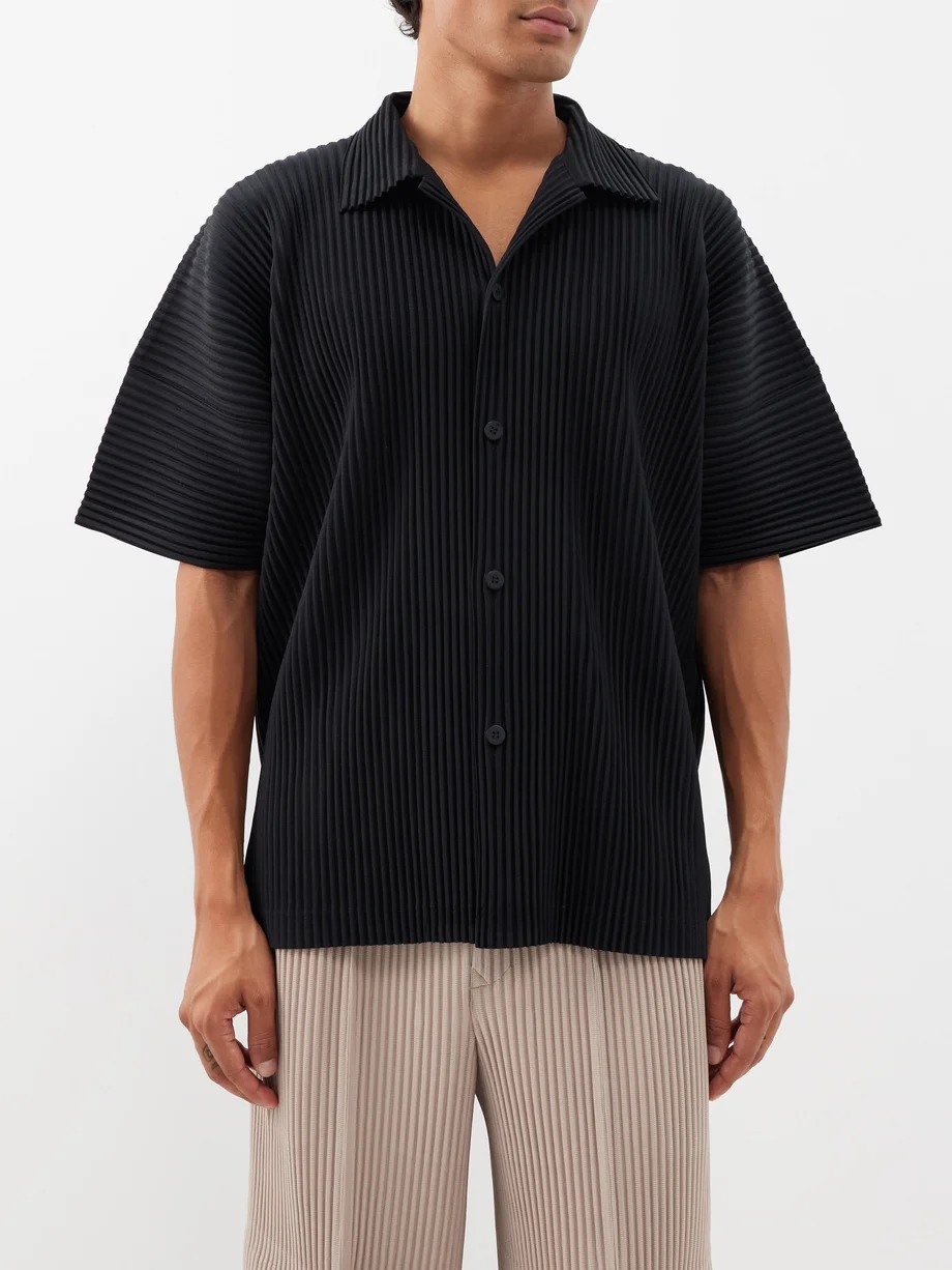 Miyake Revershemd, plissiertes Kurzarm-T-Shirt für Herren, schlichtes Hemd, Hemd mit Knöpfen, Sommerkleidung für Herren, schwarzes lässiges Oberteil