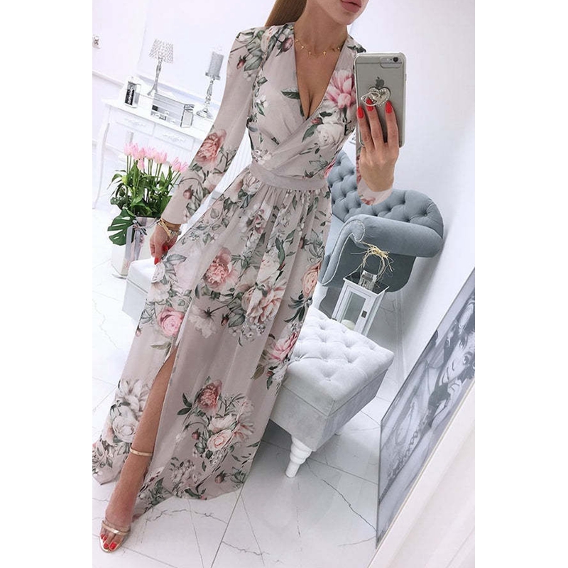 Frauen Kleid Sommer Herbst Chiffon Schlank Gedruckt Plissee Stitching Kleid Frauen Langarm V-ausschnitt Hohe Taille Schlitz Böhmischen Kleid