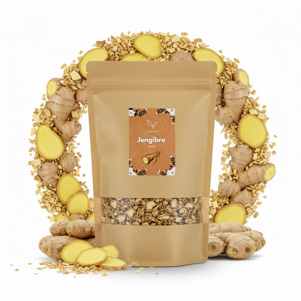 La Herbera |   Jengibre Zingiber officinale raíz triturada, Kion, Ajengibre, Quion |   infusión, cocina, repostería, condimento |   especias a granel |   Envasado en España, sin aditivos, selección artesanal (Raíz de jengibre, Raíz de jengibre triturada)