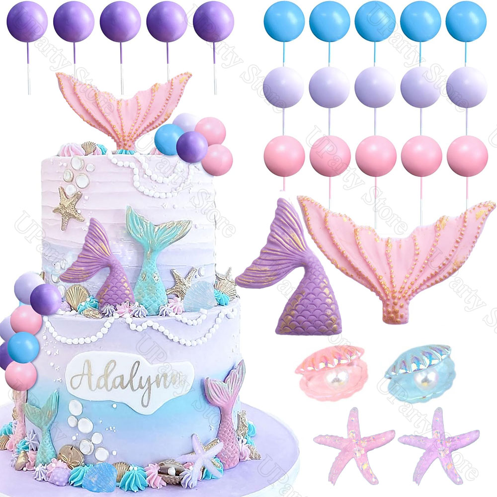 26 buah hiasan kue ulang tahun putri duyung bola kue ungu merah muda hiasan atas kue ekor kerang untuk hadiah ulang tahun Baby Shower