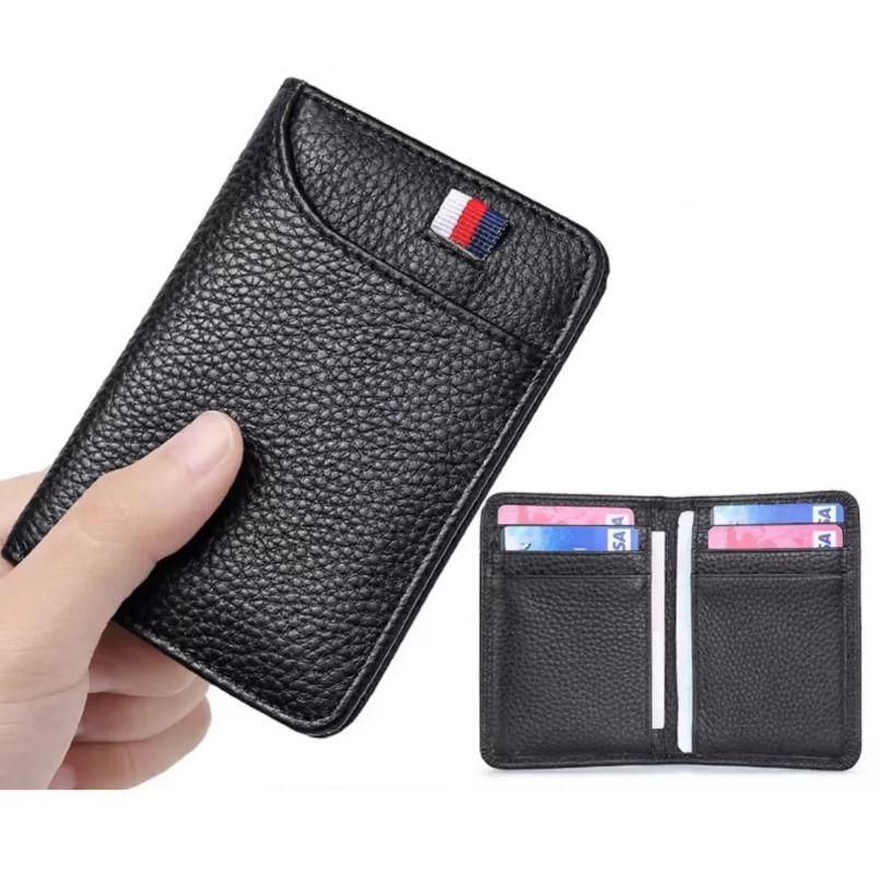 Cartera delgada de cuero con bloqueo RFID para hombre, tarjetero minimalista fino con múltiples ranuras
