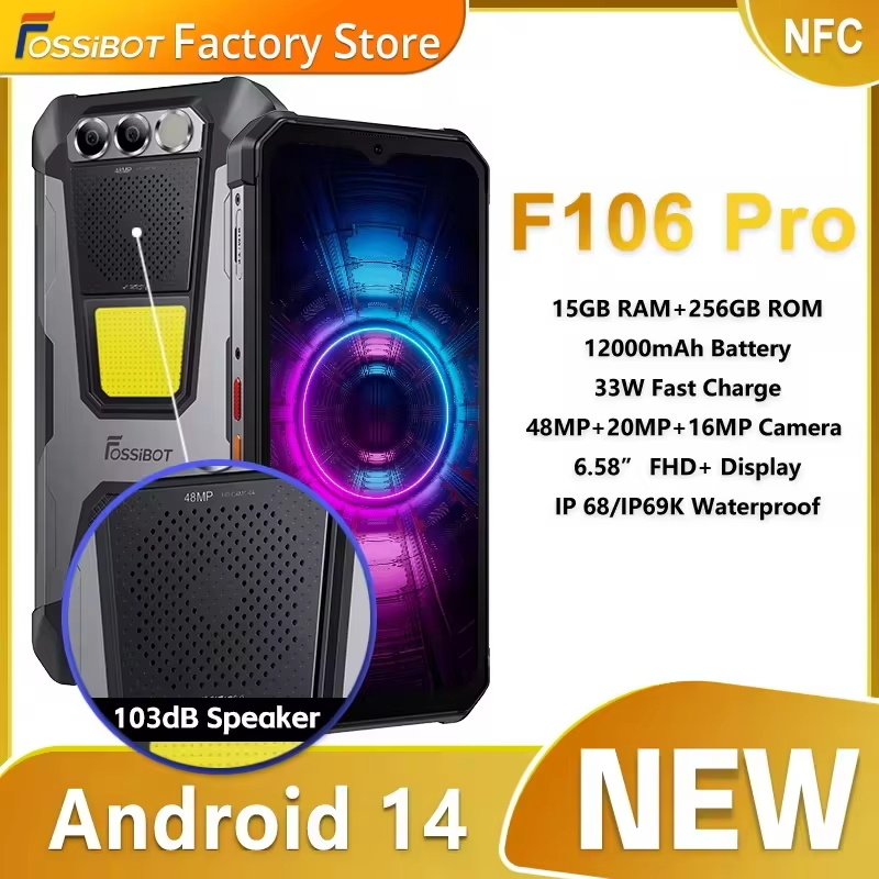 FOSSIBOT F106 PRO MTK G85 4G Android 14 15GB(8+7GB extendido) 256GB ROM Smartphone resistente Batería de 12000mAh Cámara de 48MP NFC