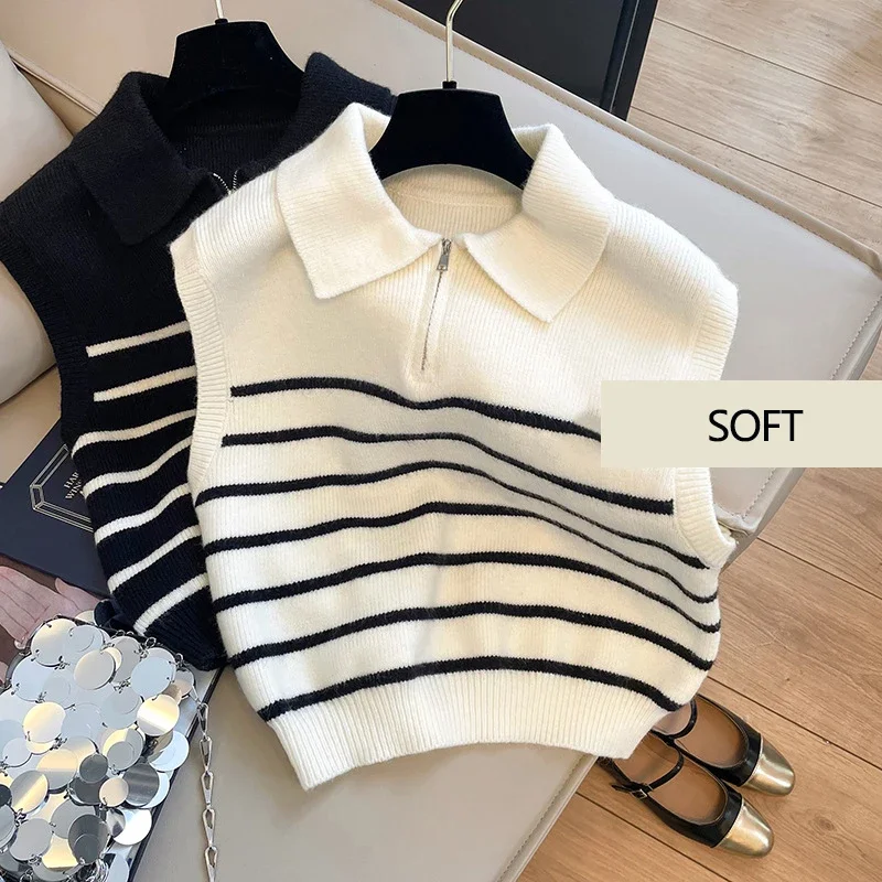 Colete retrô de zíper lapela feminino, colete de malha listrada, moda coreana, suéter sem mangas, colete pulôver casual, simples, outono, inverno