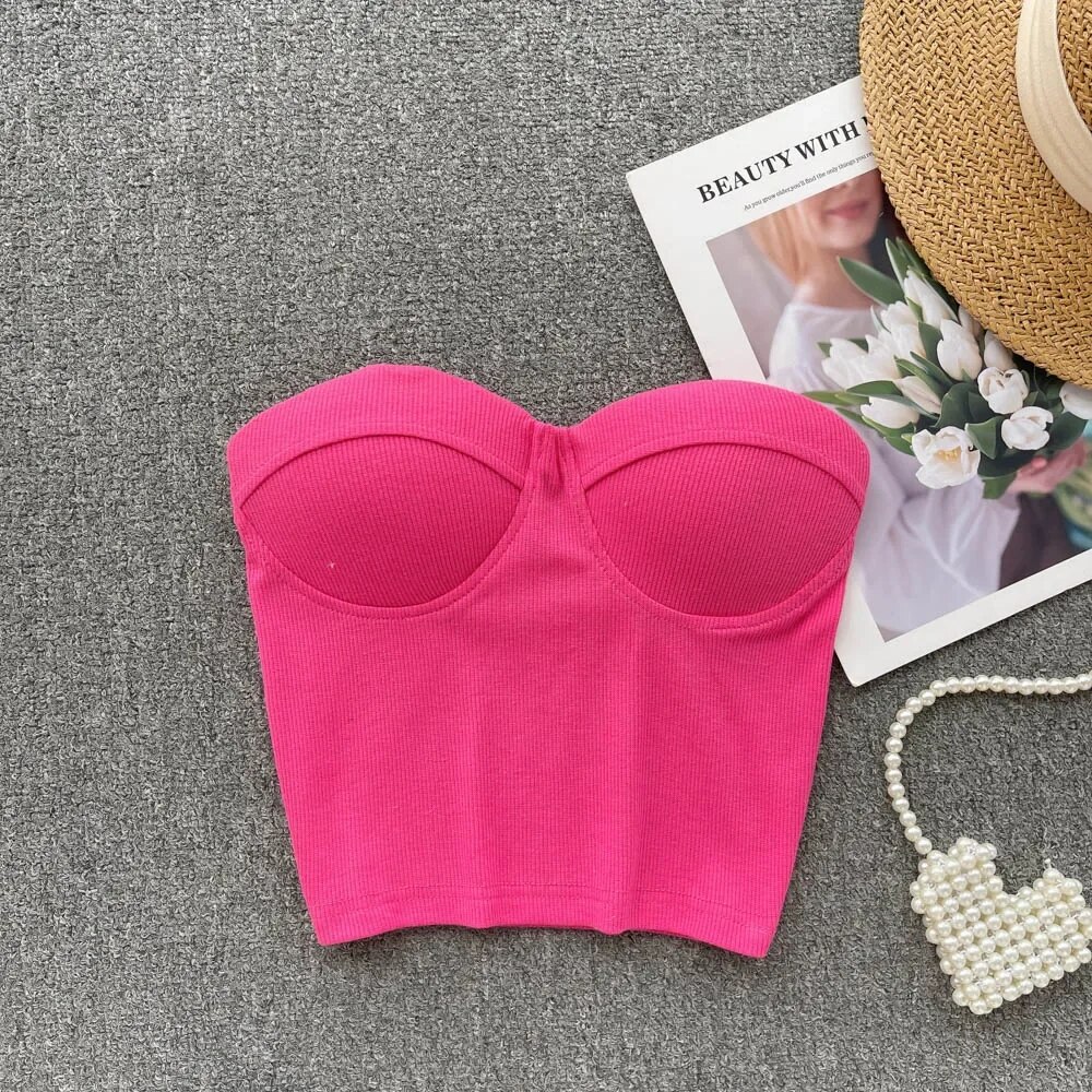 1PCS Strapless แน่นผู้หญิงฤดูร้อนสบายๆสีทึบ Crop เซ็กซี่ Sweetheart คอ Strapless TOP แฟชั่นฤดูร้อน