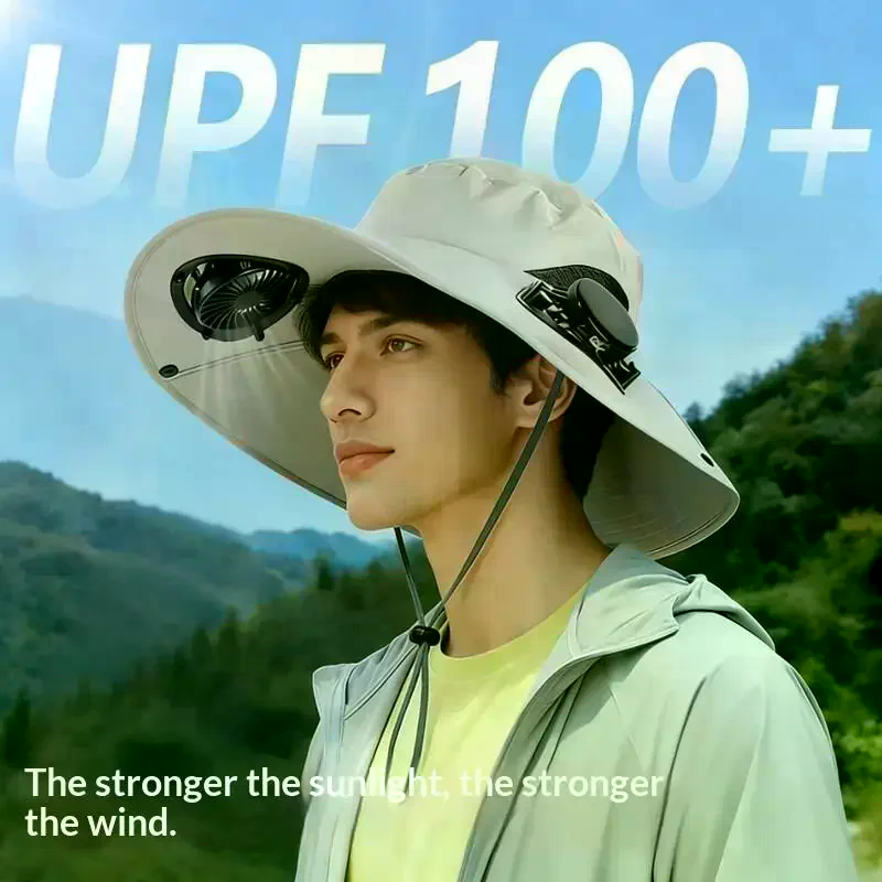 Męski szybkoschnący kapelusz typu bucket hat z dużym rondem, kapelusz przeciwsłoneczny z wentylatorem zasilanym energią słoneczną, ładowany przez USB, idealny na wędrówki, kemping i wędkowanie.