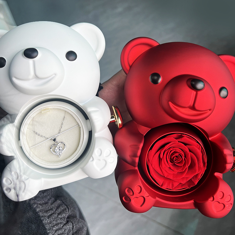 Eternal Rose ตุ๊กตาหมีของขวัญกล่องสร้อยคอหมุน Rose กล่องเครื่องประดับวาเลนไทน์งานแต่งงานของขวัญสําหรับแฟนผู้หญิง
