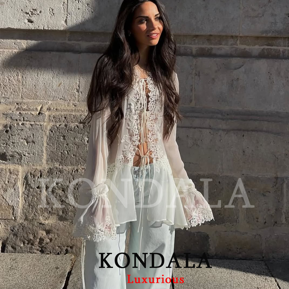 KONDALA Blouses en Chiffon Transparent Sexy pour Femmes, Chemises Amples à Volants avec Nœud Papillon et Patchwork, Mode Été 2026, Tenue de Plage et Vacances