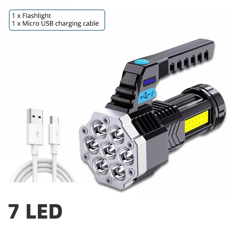 ハイパワー充電式 Led 懐中電灯 7LED キャンプトーチ Cob サイドライト付き軽量屋外照明 ABS 素材