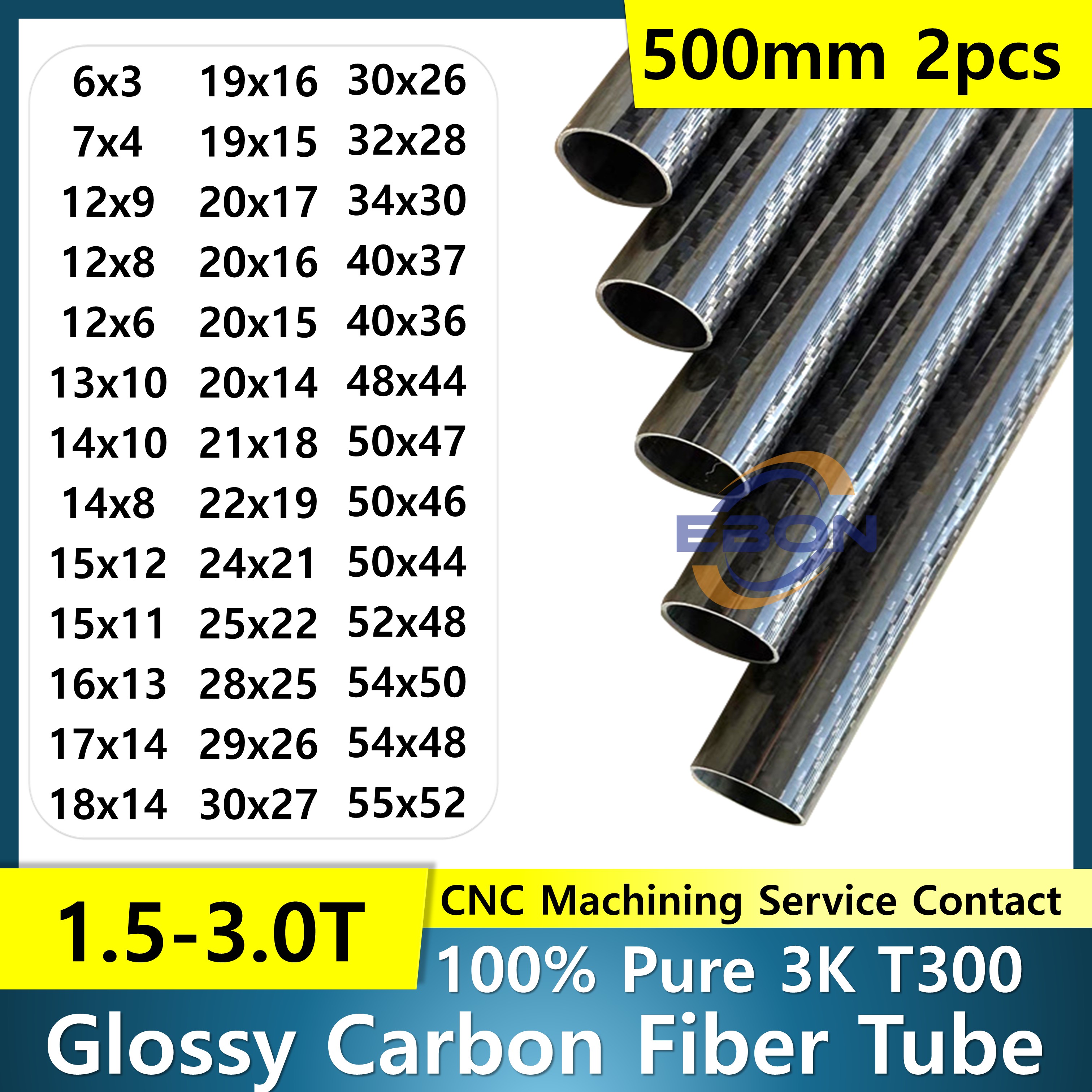 2er-Pack 500mm Carbonfaserrohr 3K Härtegrad Verbundmaterial Außendurchmesser 10mm 12mm 16mm 18mm 20mm 22mm 25mm 30mm Glänzendes Köpergewebe