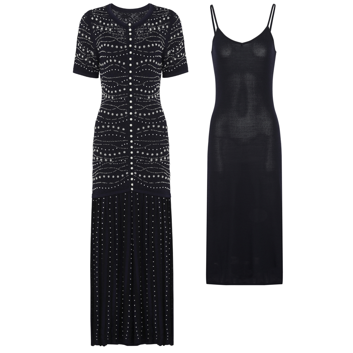26151 Damen 2-teiliges Perlen-Strick-Maxikleid-Set Kurzarm Ausgeschnittenes Langes Kleid mit Cami-Unterkleid für Party Abend Vestidos