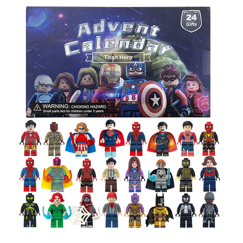 24 pièces/ensemble calendrier de l'avent Disney pour enfants, figurine de dessin animé Spiderman Iron Man The Avengers, blocs de construction, jouets pour garçons, cadeau de noël