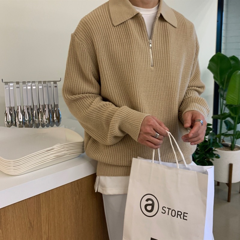 Suéter de solapa de invierno para hombre, Jersey de punto informal a la moda cálido, suéter coreano holgado de manga larga con cremallera, ropa para hombre