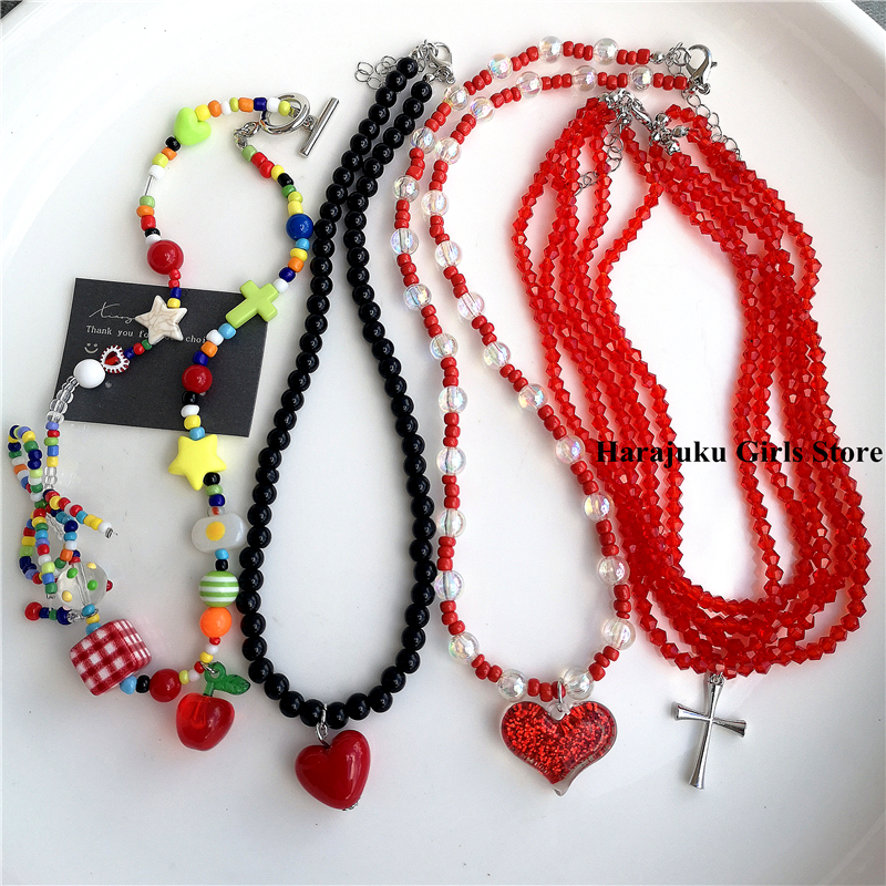 Gotische rote Herz Kreuz Anhänger Blut Tropfen Samen Perlen Choker Halskette für Frauen Vintage Halloween Y2k Schmuck Szene Zubehör