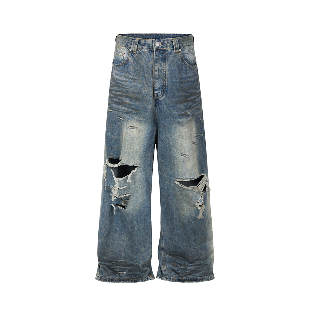 Jean Baggy à jambes larges effiloché et endommagé pour hommes et femmes, Streetwear décontracté, pantalon en Denim, pantalon Cargo surdimensionné