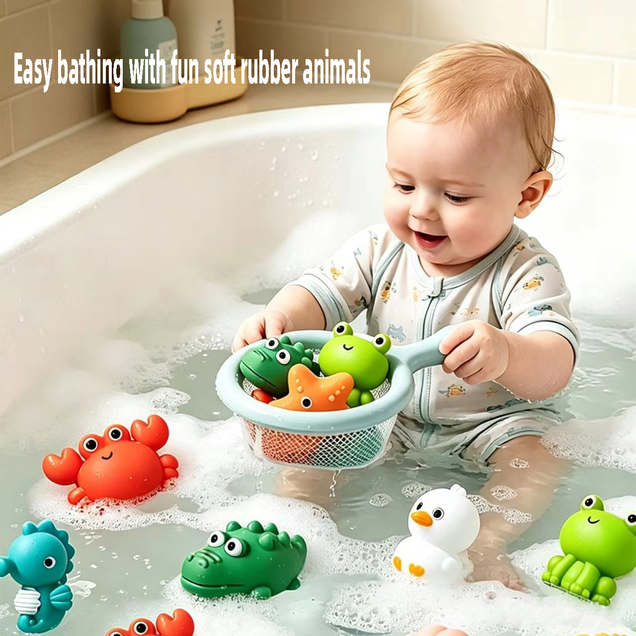 Juguete de Baño de Rana con Red para Pescar, Tortuga Flotante, Animal de Juguete para Apretar y Sonido, Juguete Acuático para Piscina de Verano, Regalo para Bebés
