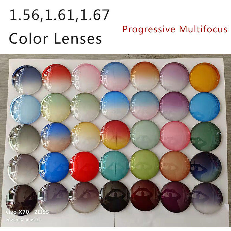 1,56 1,61 1,67 lentes de gafas multifocales progresivas coloridas degradadas gafas ópticas graduadas para miopía lentes de sol