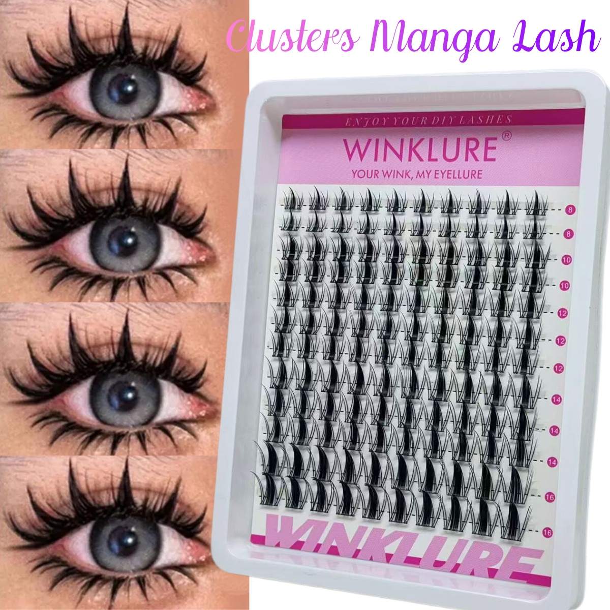 WINKLURE Manga Lash Clusters Kit Katzenwimpern mit Wimpernkleber & Versiegelung, Wimpernverlängerungen im Mix-Tray, Wimperncluster-Set