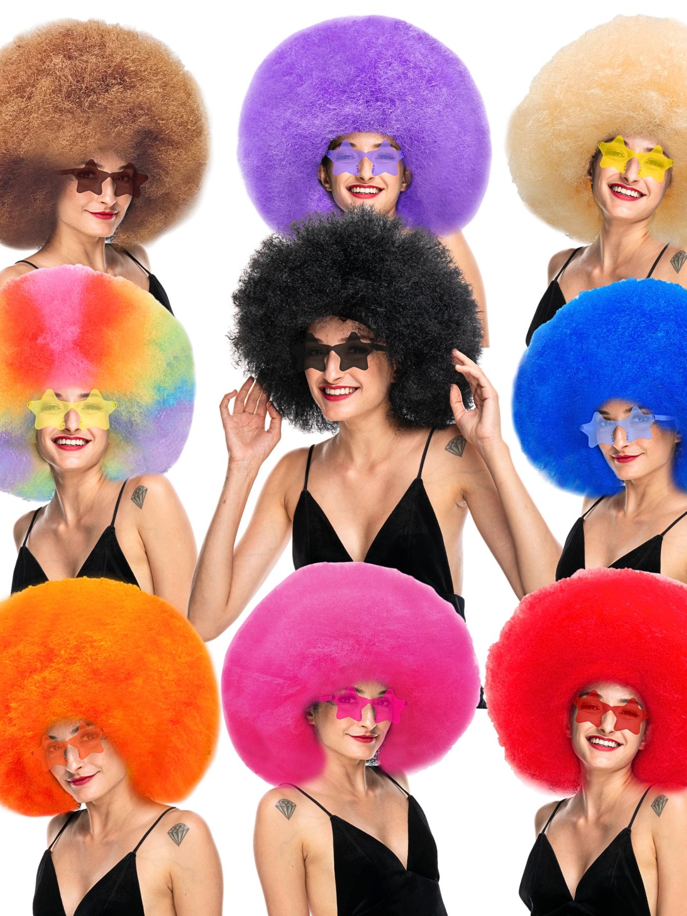 Peluca de pelo rizado esponjoso de gran tamaño, fibra sintética multicolor resistente a altas temperaturas con más gafas para fiesta