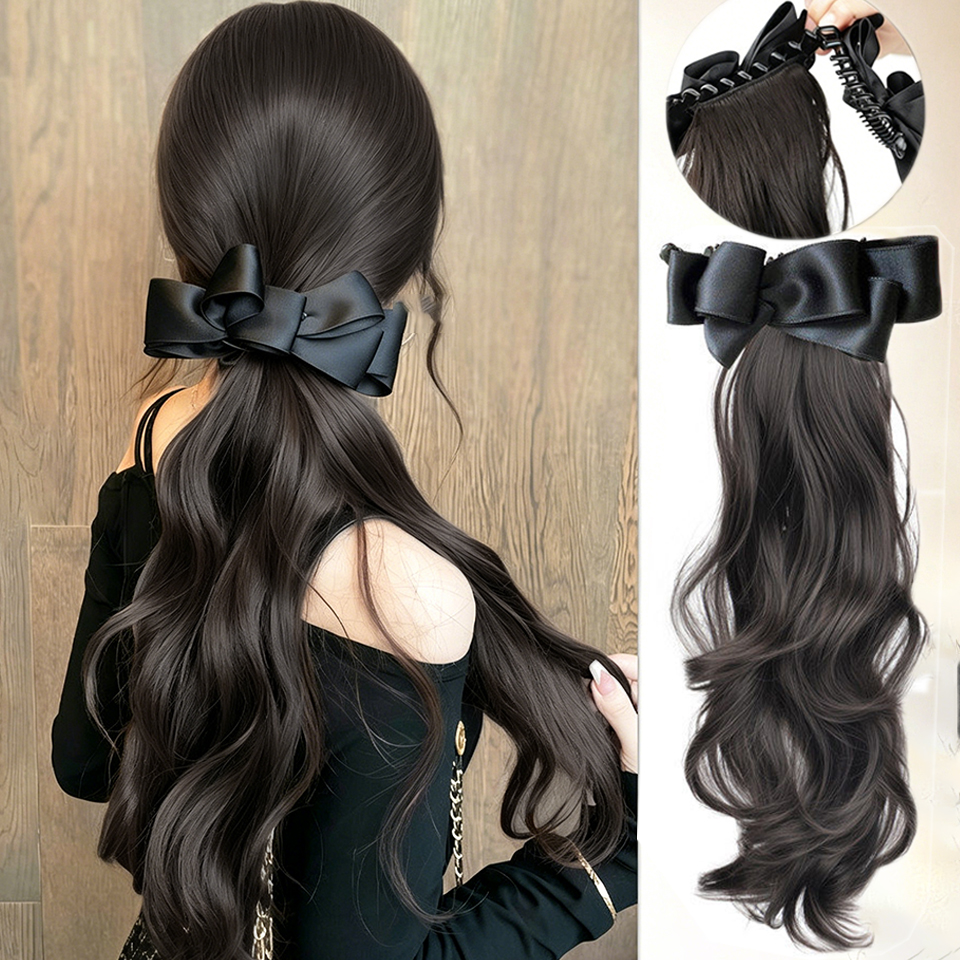 Elegante Synthetische Seiden-Haarschleife mit Bananenklammer, Pferdeschwanz-Perücke mit Clip, Langer Welliger Mehrstufiger Pferdeschwanz für Frauen, Täglicher Gebrauch und Partys