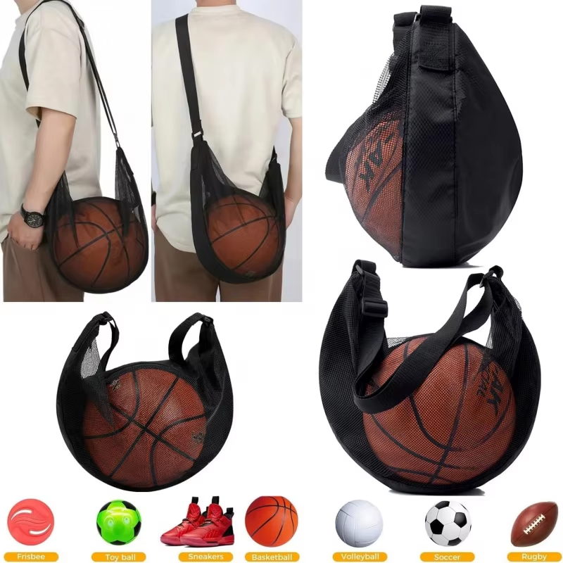 Anti-Tear Mesh Single Ball Bag Fits Size 7 Basketball Soccer Volleyball Crossbody Carrier With Adjustable Strap & Zipper