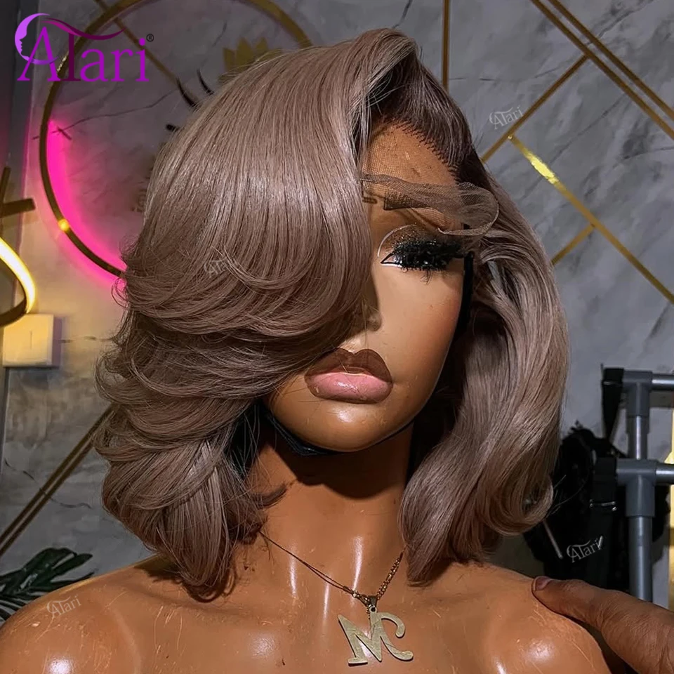 Cinza escuro cinza curto bob onda perucas de cabelo humano transparente 13x4 laço completo frontal 180 densidade peruca de cabelo remy pré arrancado para mulher