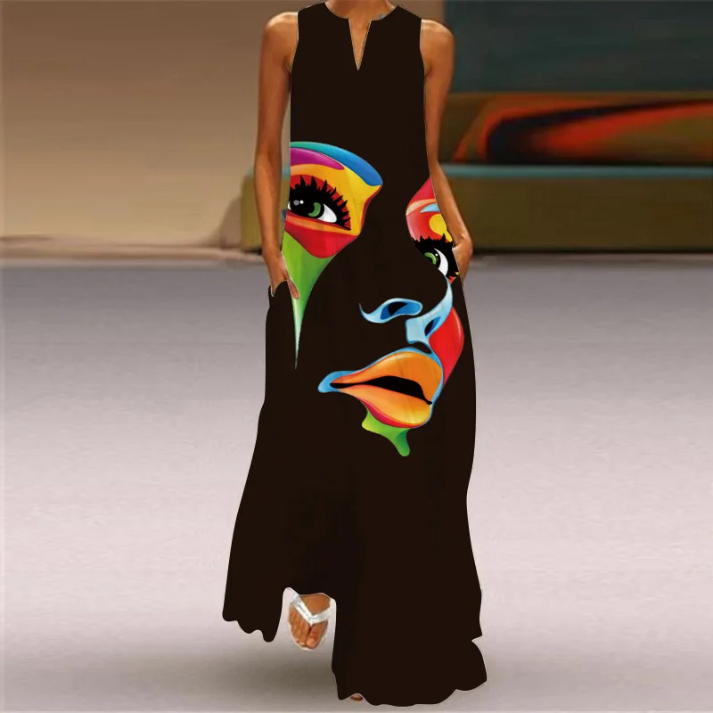 Vintage Maxi Dress Women Summer Loose Sleeveless Long Dresses Elegant Lady V Neck Pocket Boho Beach Sundress Vestidos Plus Size