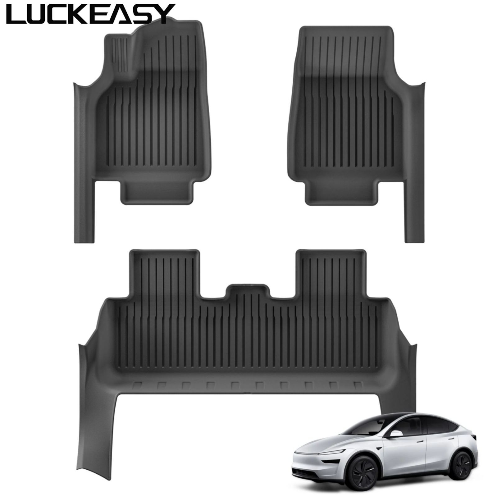 แผ่นรองพื้นรถยนต์ LUCKEASY สำหรับ Tesla Model Y 5 ที่นั่ง เปิดตัวปี 2025 2026 รุ่น Juniper พวงมาลัยซ้าย วัสดุ TPE พร้อมแผ่นกันรอยขอบประตู สีดำ
